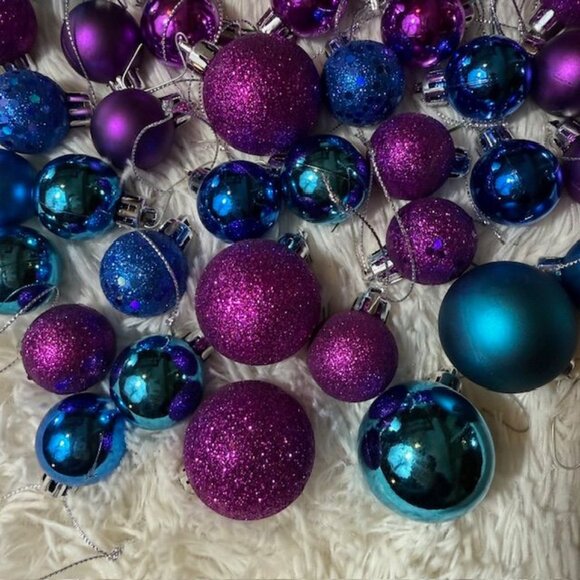 47pc Blue Purple Teal Magenta Matte & Sparkle Break Resistant Ornament Set - Picture 2 of 12